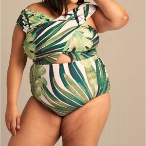 EUC Swim by Cacique size 24 Palm Print Cross-Over One Piece Swimsuit Lane Bryant